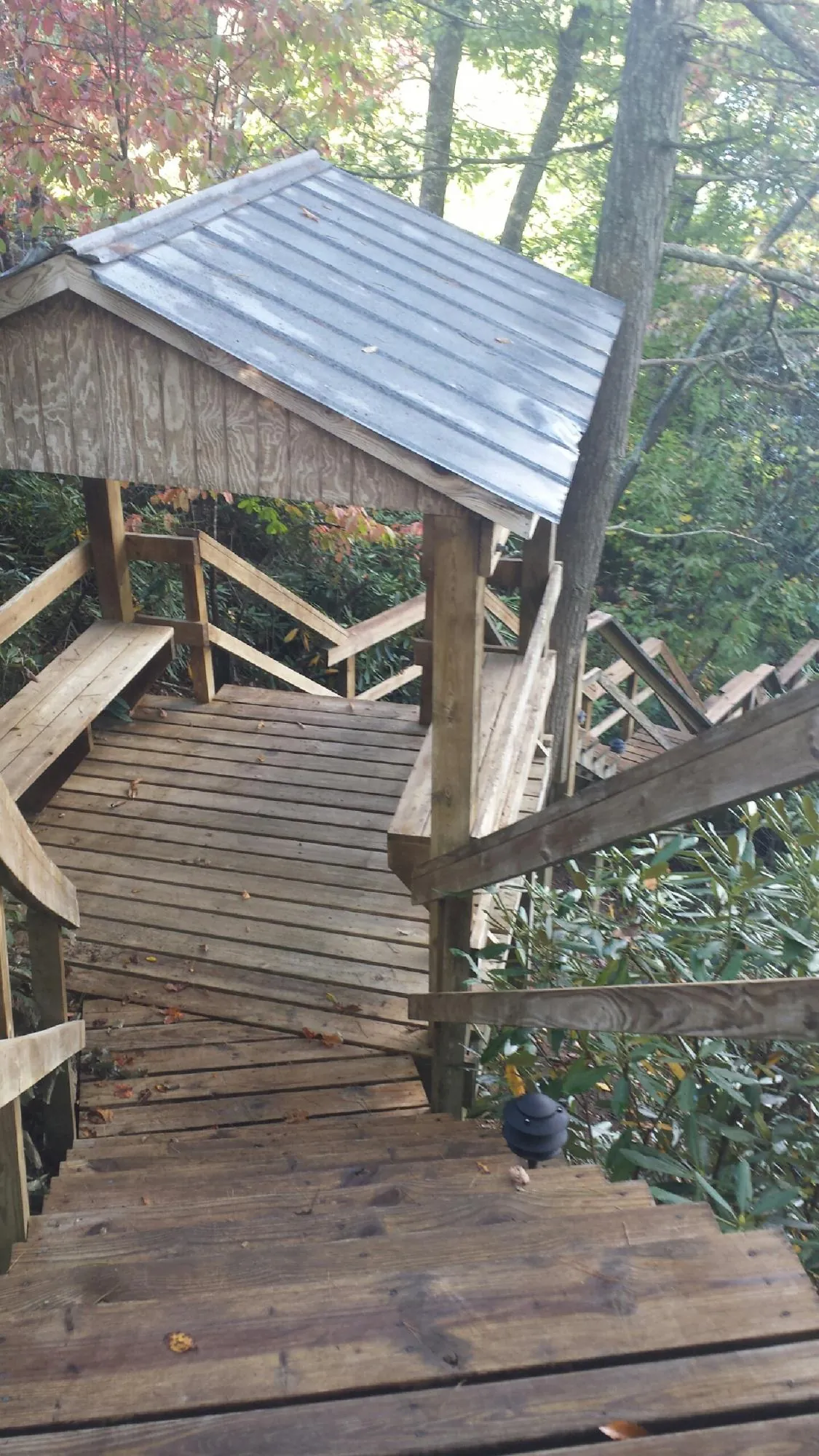 Metal roofed shelter over wooden steps on a wooded walkway — Skylight Repair & Installation work by our crew in Erhard